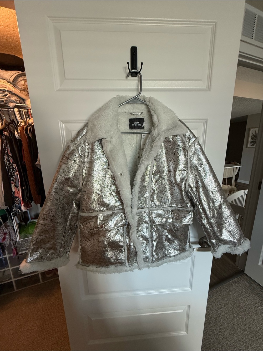 Urban Outfitters Silver Metallic Faux Shearling Puffer Coat